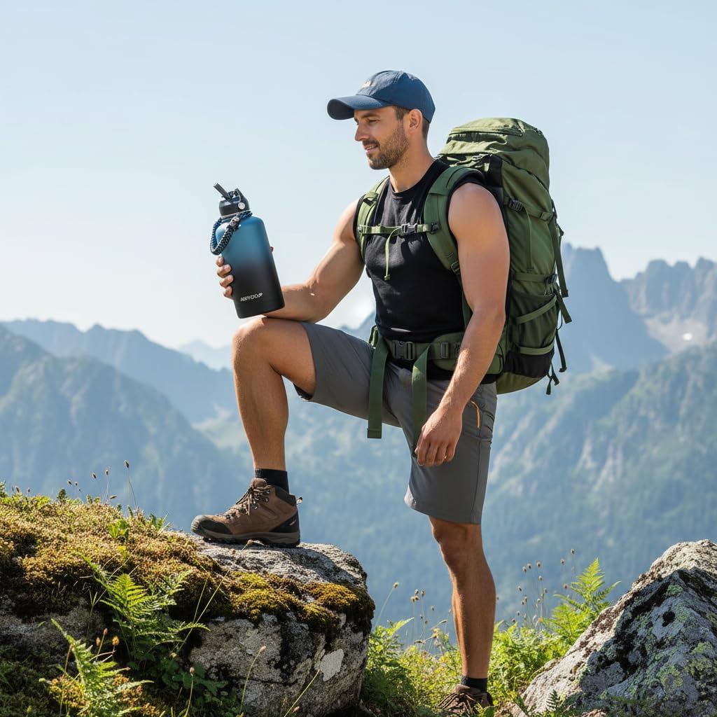 ABOTOCUP 1.8 l Wasserflasche mit pulverbeschichteter, isolierter Edelstahl-Wasserflasche mit Strohhalm-Deckeln und Paracord-Griff, Wasserflasche, doppelwandig, BPA-frei, hält kalt und heiß