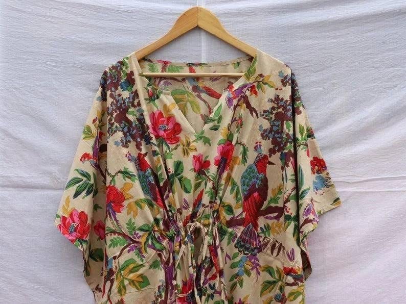 INDACORIFY 100% Cotton Kaftan Dress, Floral Printed Women Dressmaking, Handmade Indian Long Kaftan Suit, Beautiful Beach3