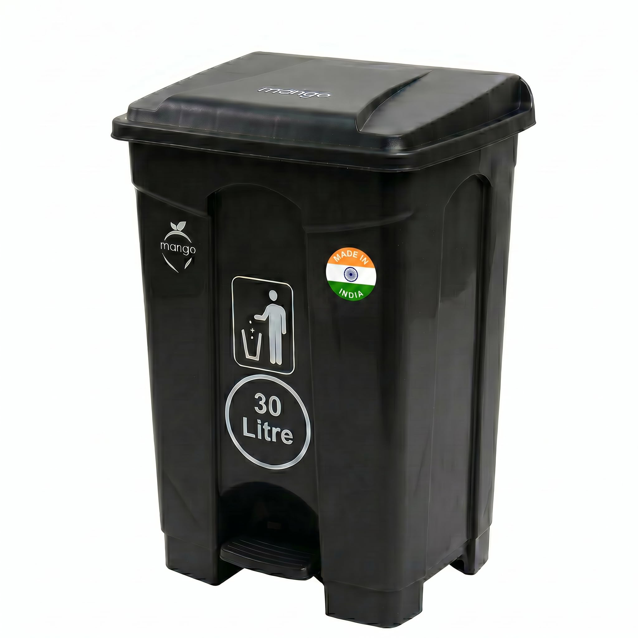 MPL MANGO 30L pedal dustbin with lid, heavy duty plastic garbage bin, hands-free step-on waste bin for kitchen, office, home, hotel, bathroom & outdoor use, 49 × 35 × 34 cm (Jet Black)