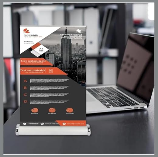 Desktop Roll-Up Banner Stand, Luxury A3 Size, Tabletop Display, Text Customisable, for Business Presentations Without Flex