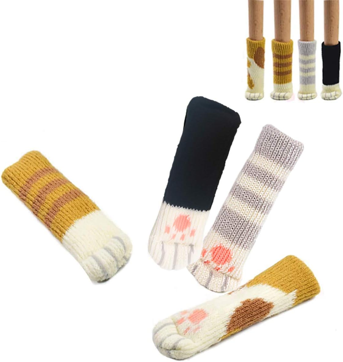 UrsoKuz 20 Chair Socks(5 Sets) - Fancy Table Leg Pads with Cute Cat Paws Design, Reliable Furniture & Floor Protector, 4 Different Patterns + 1 Motley Ginger Pattern - Pack of 20 Socks