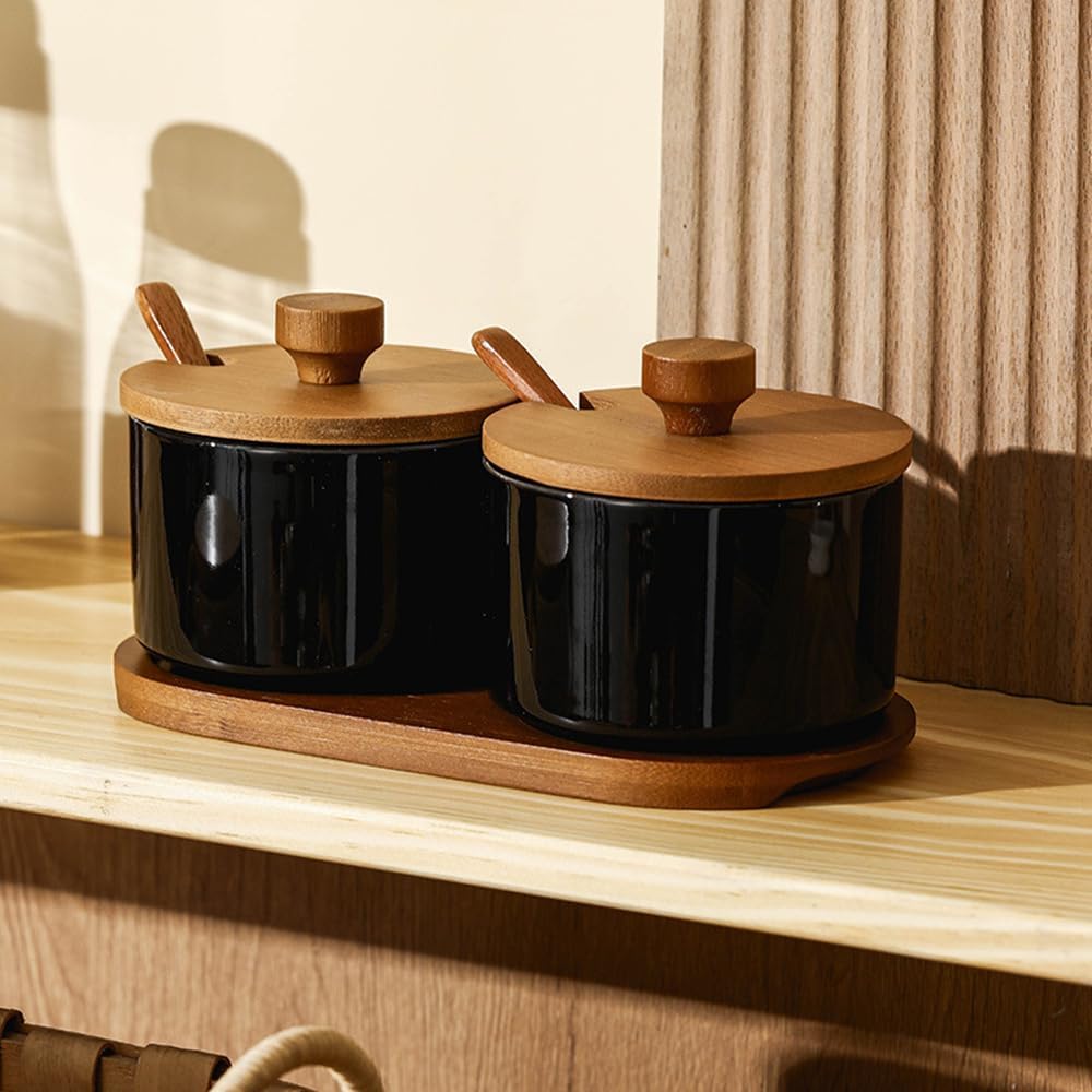 Set of 3 Kitchen Condiment Container, 220ml Ceramic Sugar Bowl with Lid and Spoon, Salt Pot Spice Jar for Home and Kitchen