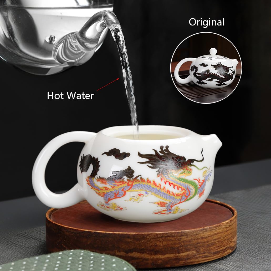 Hormsdar Hand-made Dragon and Phoenix Color-changing White Porcelain Teapot FunnyTea Set Kung Fu Tea Pot Tea Lover‘s Gift (Teapot + 2*Cups)