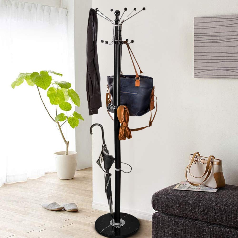 BAKAJI Attaccapanni Appendiabiti di Design a Piantana da Terra in Metallo con 16 Ganci Appendi Abiti Base in Marmo Dimensione 38 x 38 x 180 cm (Nero)
