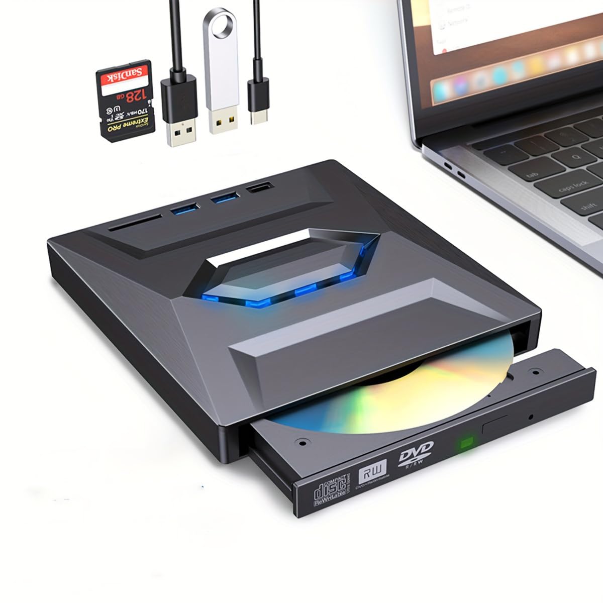 MICROWARE 5 in 1 External CD/DVD Drive for Laptop, Type-C USB 3.0 Portable CD DVD Burner Player with SD Slot & USB Ports DVD 8X CD 24X Super Fast Speed for Windows/Mac OS/Linux/Vista