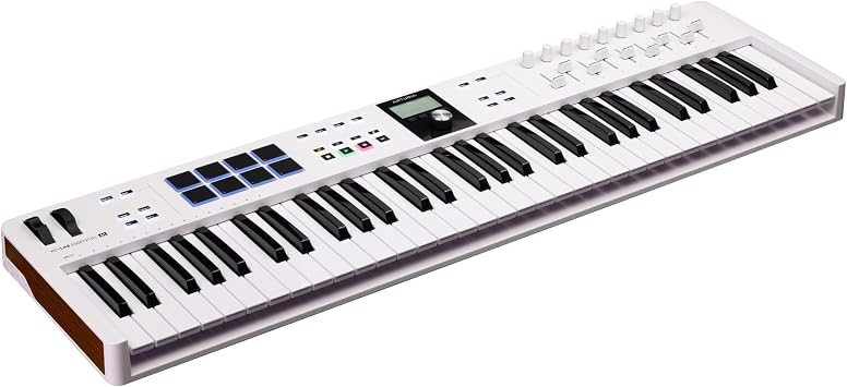 Arturia KeyLab Essential 61 mk3 MIDI Universal Keyboard Controller with Custom DAW Scripts (White) Bundle with Adjustable Double X Keyboard Stand, Piano Style Sustain Pedal, and 4-Port USB (4 Items) | Includes Adjustable Double X Keyboard Stand, Piano Style Sustain Pedal, and 4 Port USB. with Custom DAW Scripts (White)