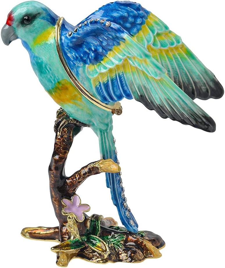 Parrot Trinket Box Rhinestone Encrusted Enameled, Hand Painted Hinged Jewelry Storage, Bird Figurine Home Decor, Unique Gift for Bird Lovers & Collectors