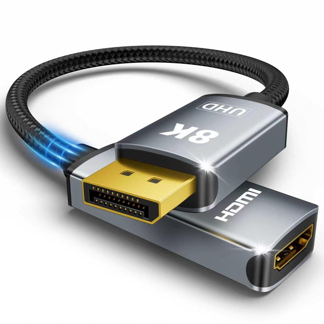Adaptateur DisplayPort 1.4 vers HDMI 2.1 8K @ 60 Hz/4K @ 120 Hz unidirectionnel DP mâle vers HDMI femelle convertisseur adaptateur de port d'affichage pour AMD, NVIAID, non compatible PS5/Xbox