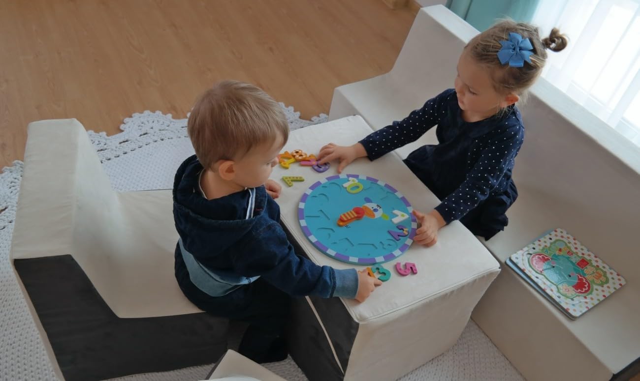 Velinda Kindersitzgruppe: Kinderstuhl+Sitzbank+Liegestuhl Kinderzimmermöbel Spiel-Set (Farbe: beige-grau)