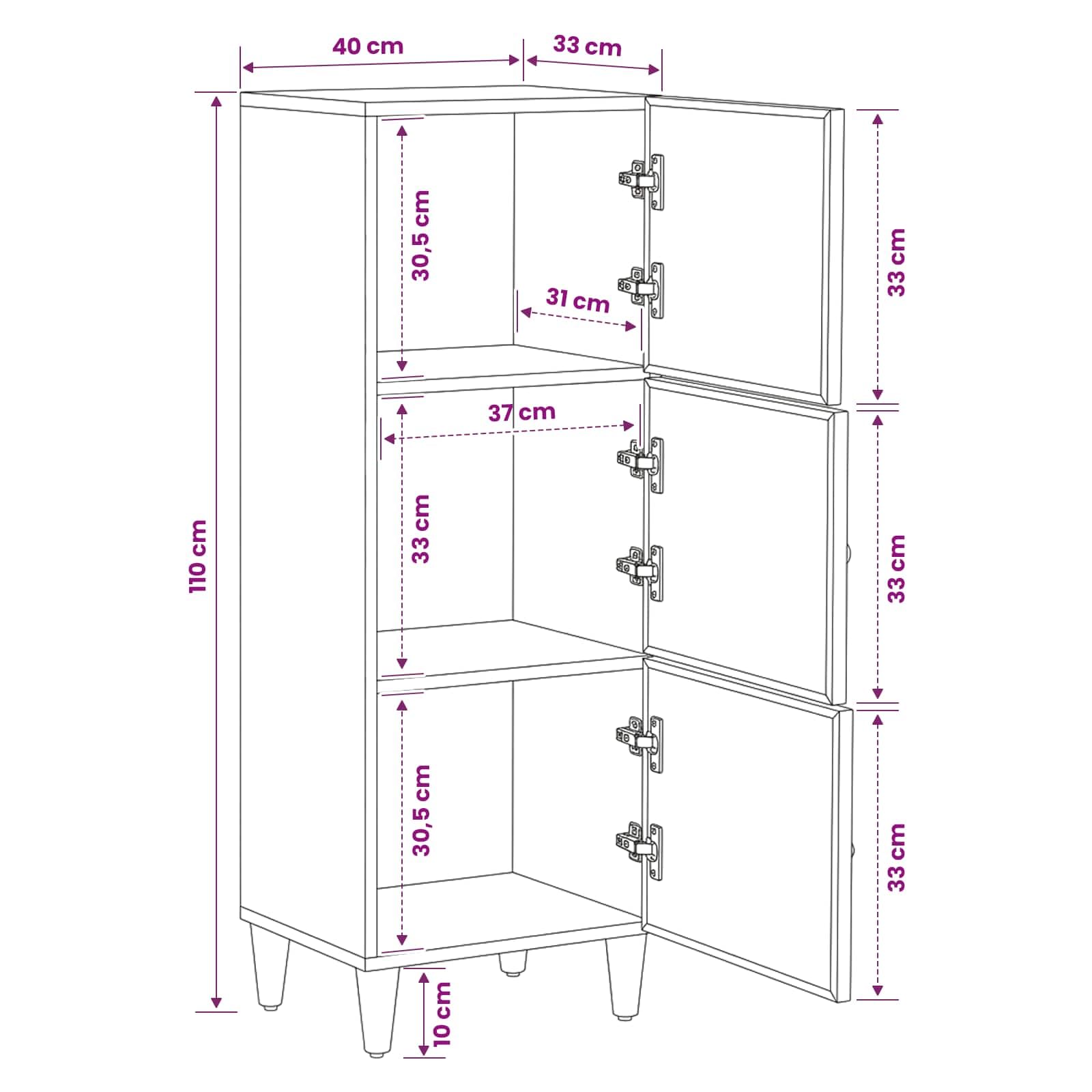 Stauraumschrank Braun aus massivem Mango-Holz 40 x 33,5 x 110 cm mit Messingknöpfen und 3 Türen, Wohnzimmer Medienaufbewahrung für TV, DVD, CD, Vinyl, Router, Kabel und Gaming Zubehör