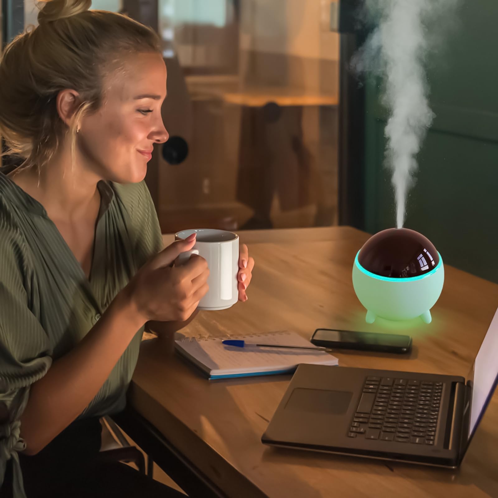 mobigon Wood Cool Mist Ultrasonic Humidifier for Room Moisture, Aroma Diffuser for Home, 300ml Essential Oil Diffuser with 7 Colorful Night Light, Auto Shut-Off, Home, Office, car (Turquize)