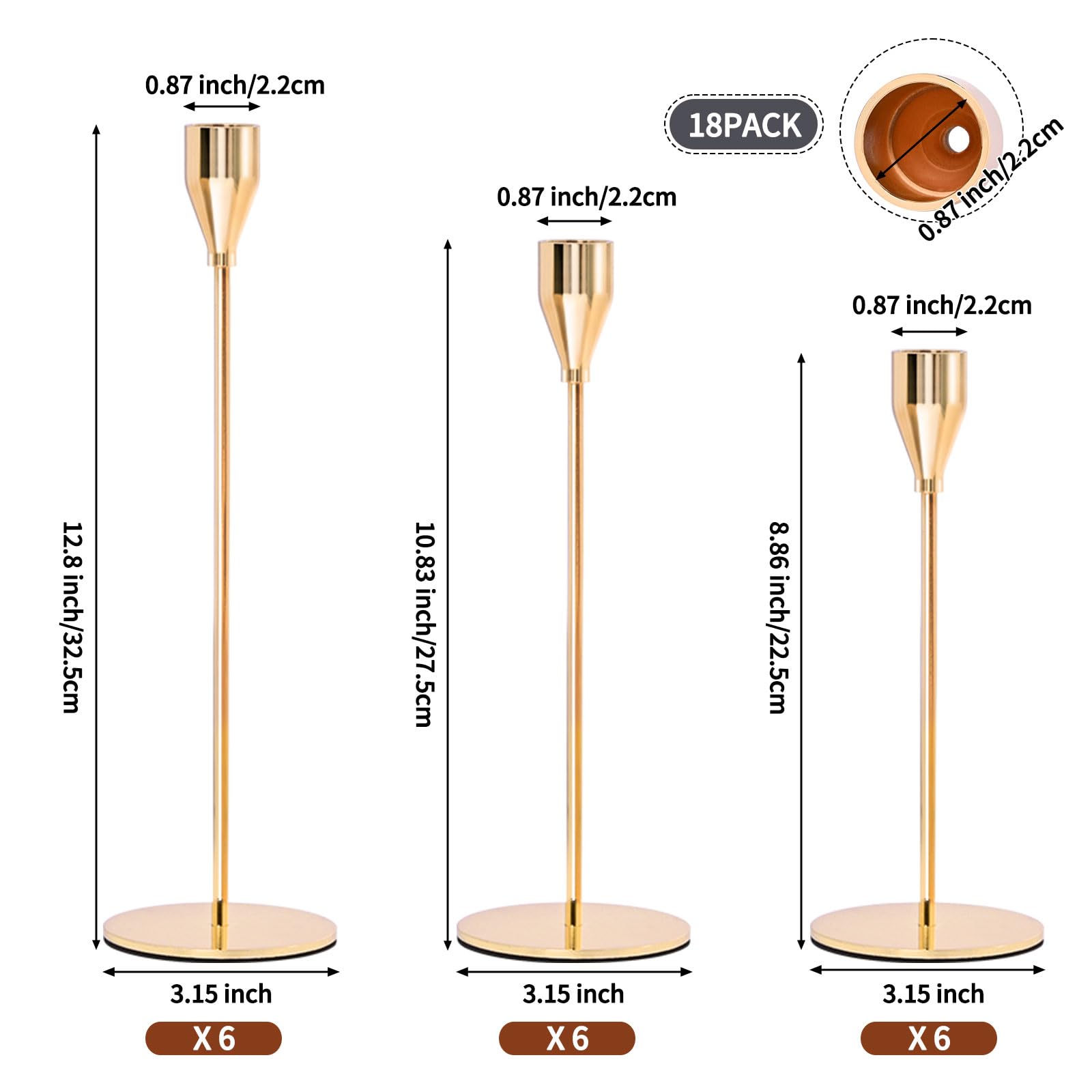 Set mit 18 Kerzenhaltern, goldfarben, konisch, passend für 0.87 Zoll/2.2cm Dicke Kerzen, hoher Kerzenständer aus Metall für Hochzeit, Heimdekoration, Abendessen bei Kerzenschein (Gold)