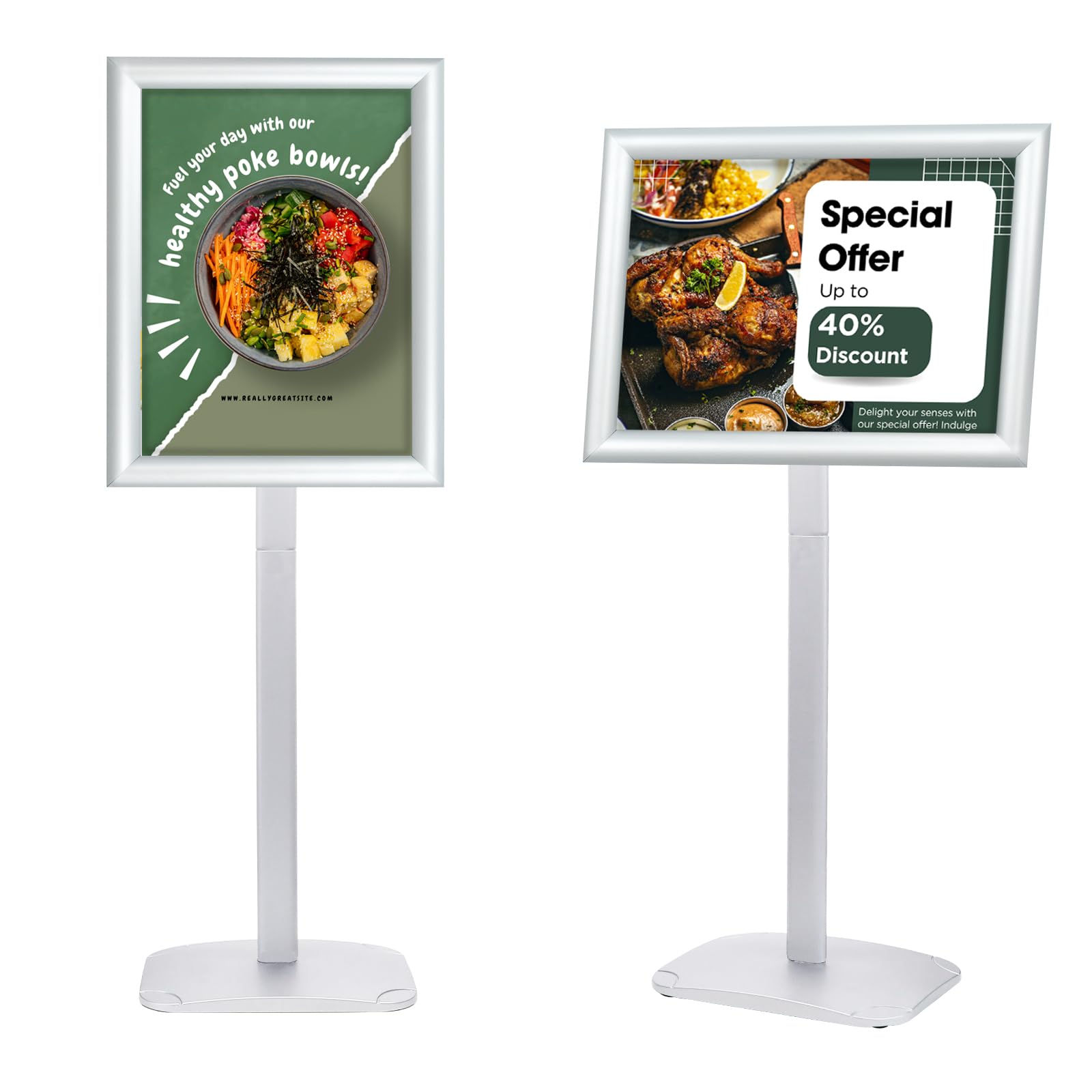 heavy duty pedestal sign holder for display, 11 x 17 inches adjustable floor standing sign holder with weighted base , vertical and horizontal view sign stand for indoor/outdoor advertising-silver