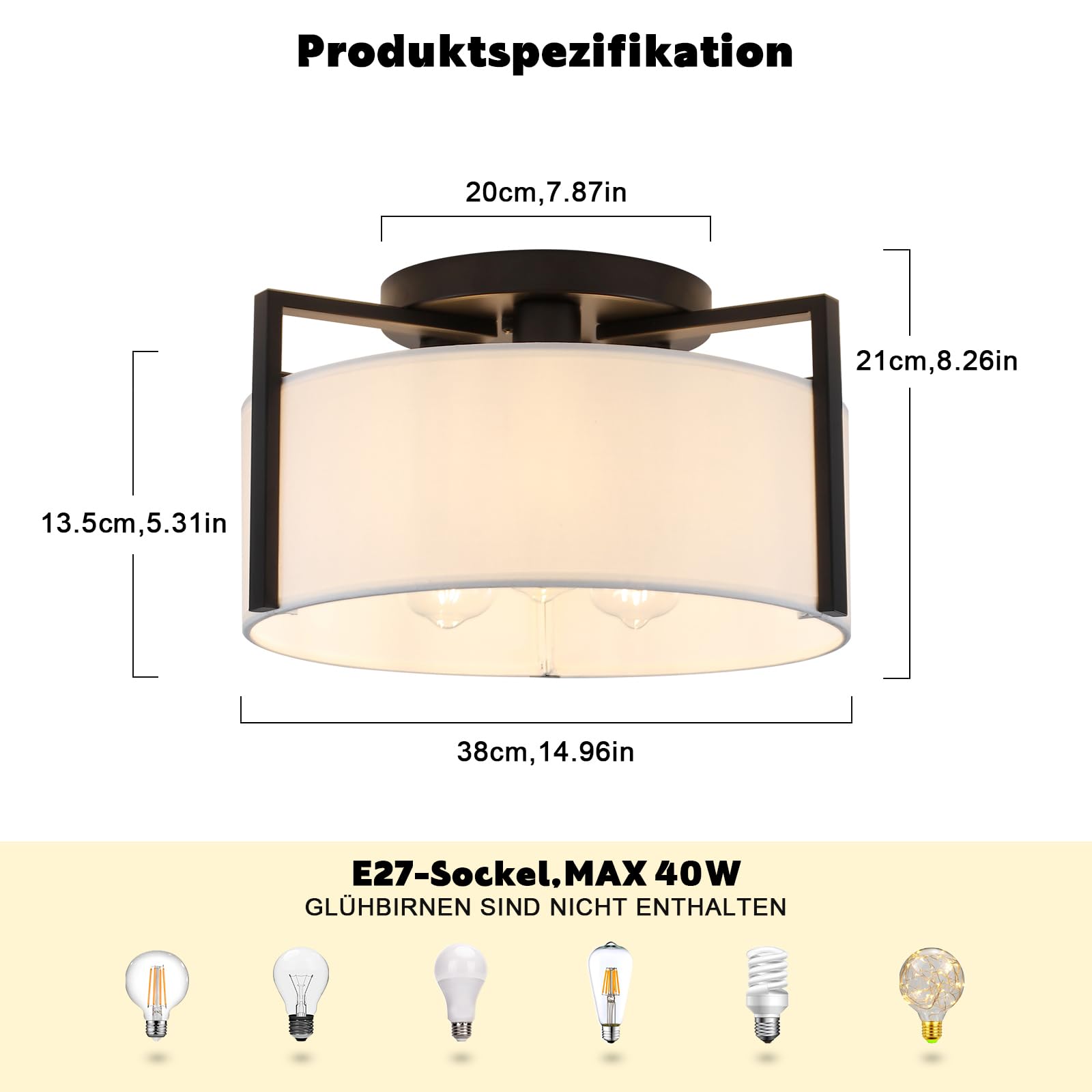 Schwarz Deckenlampe Wohnzimmer, 3 Flammig Deckenlampen mit Stoffschirm, E27 Schwarz Deckenleuchte, Ø 38CM Moderne Deckenlampe Kronleuchter für Küche, Flur, Schlafzimmer, Esszimmer