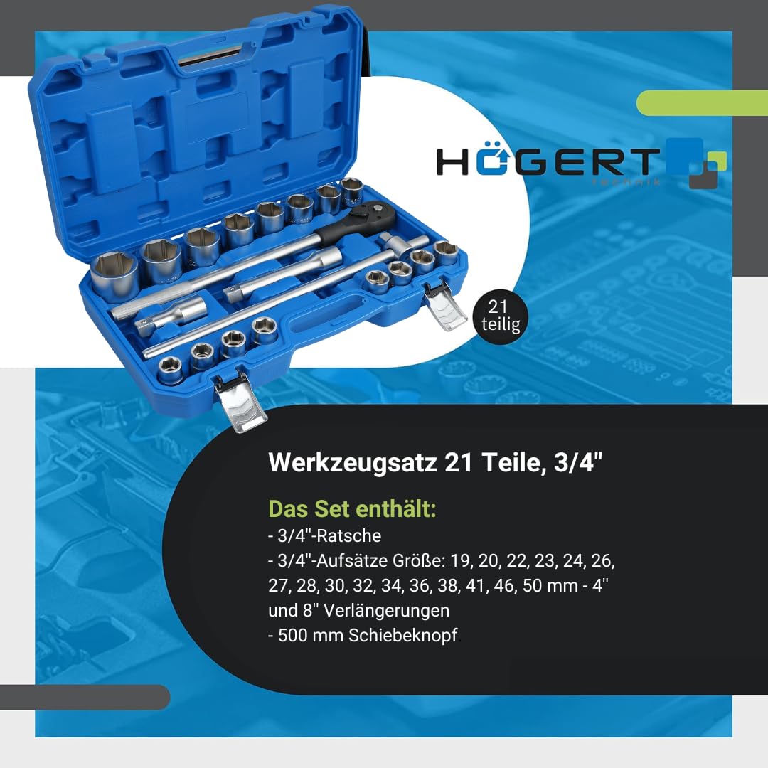 Högert Technik - Zestaw narzędzi 21 elementów, 3/4" | zestaw narzędzi | grzechotka, klucz nasadowy i inne akcesoria 3/4" | stop stali chromowo-wanadowej