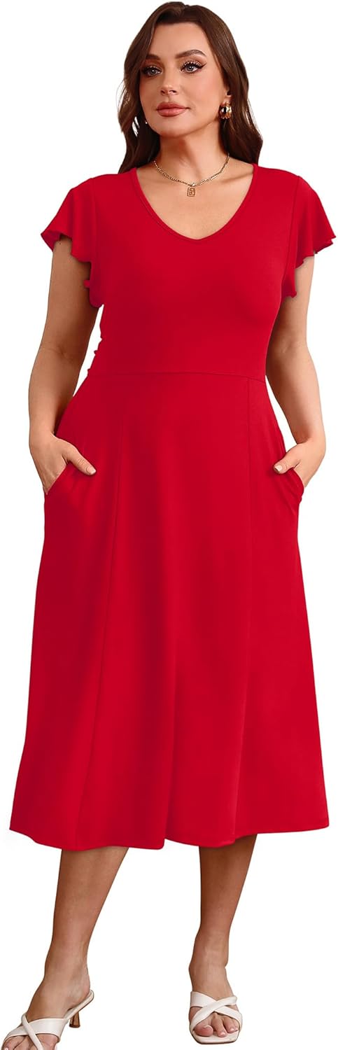 SAMPEEL Summer Dresses for Women 2025 Midi Maxi Dress Elegant Classy Ruffle Sleeve Tie Back Scoop Neck - Image 4