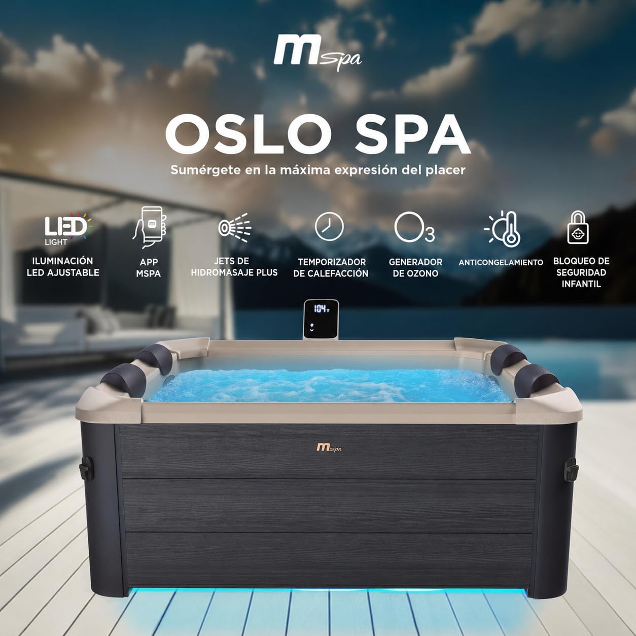 MSpa Oslo SPA rígido Cuadrado 4-6 Personas con 120 chorros Aerojet, 8 Jets de Agua, LED, UVC+, ozono y Control Inteligente