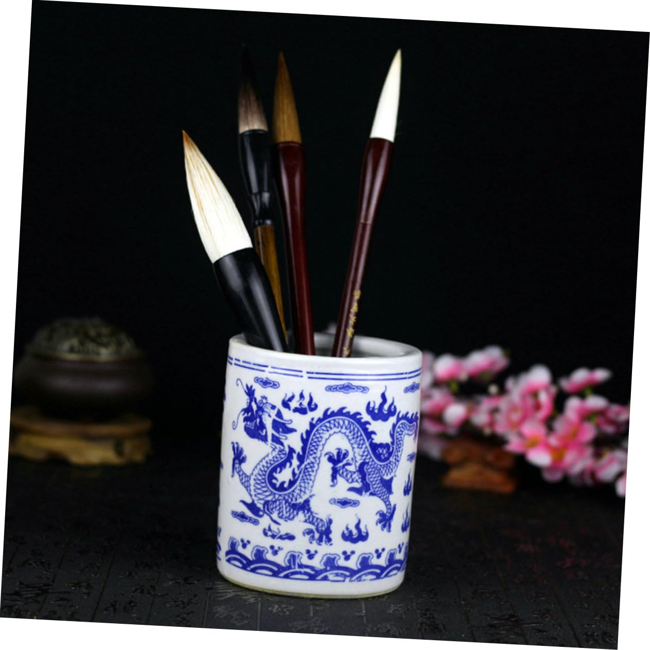 Pot à Crayons En Céramique Bleue Petite Taille Cuve De Lavage Pour Pinceaux Multifentes Support Cylindre Pour Calligraphie Bureau Et Décoration Artisanale