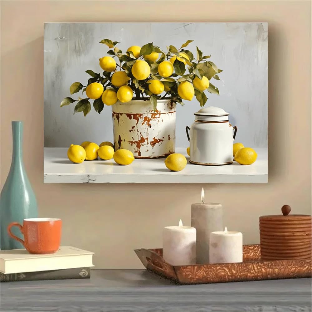 GKUVBF Tableau vintage sur toile représentant un citronnier, style rustique, avec un pot en céramique. Affiche décorative botanique murale (60 x 80 cm/cadre intérieur).