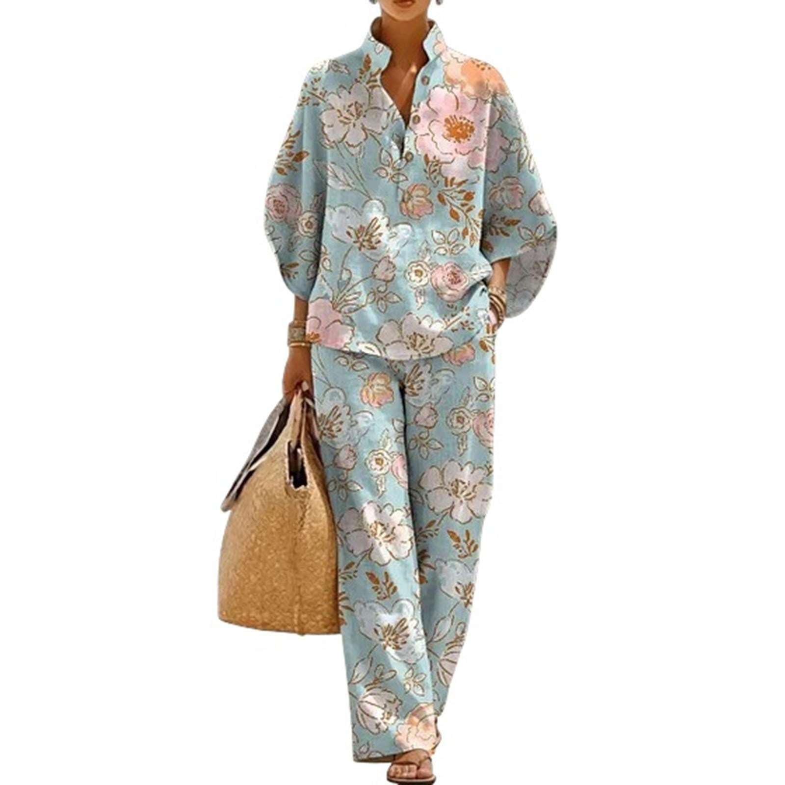 Générique Ensemble Femme Été 2 Pièces Lin Coton Imprimé Floral Chic Boho Tailleur Pantalon Jambe Large Tunique Manches Longues Décontracté Élégant Vacances Plage Jumpsuit Fluide Léger