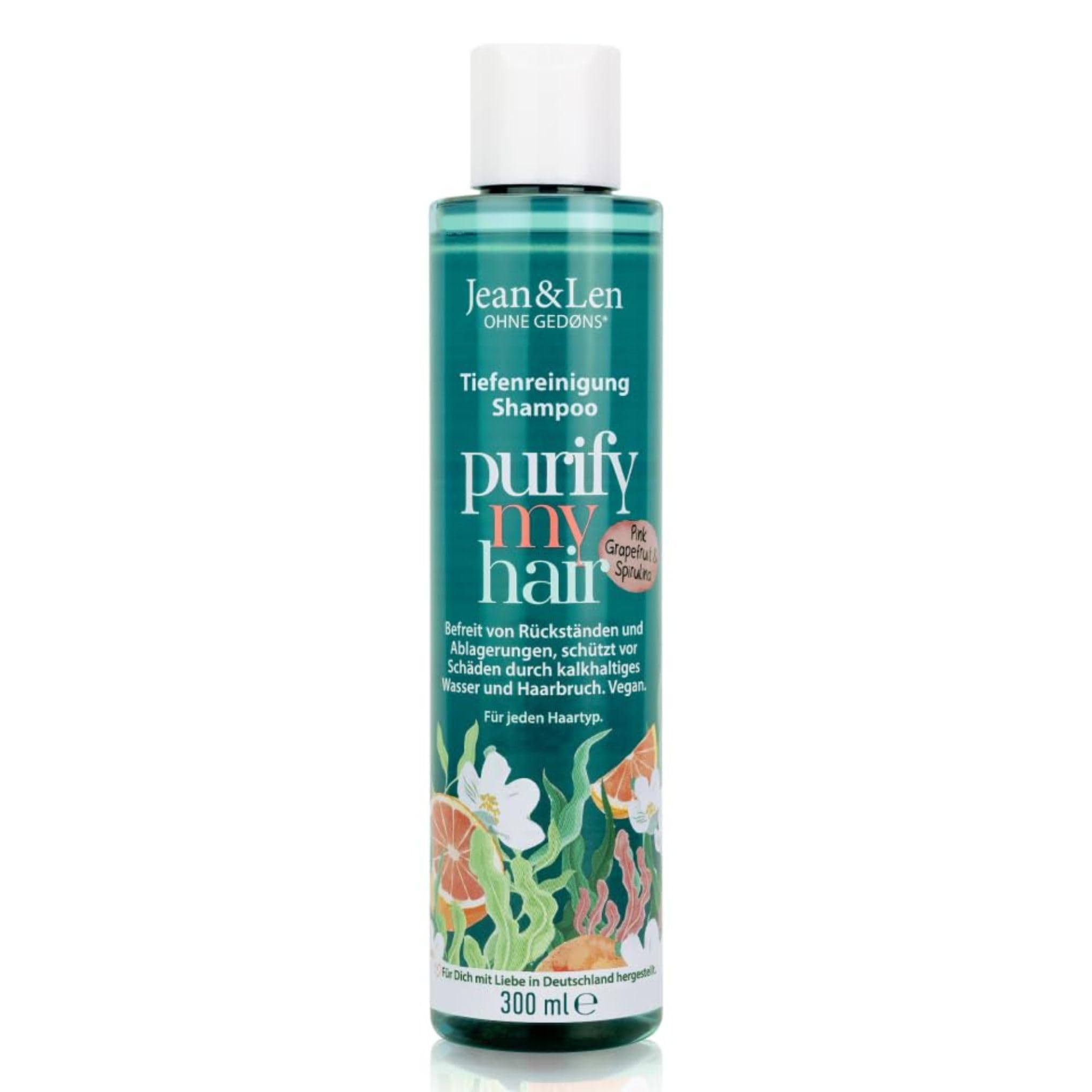 Jean & Len Shampooing Pamplemousse Rose & Spiruline, nettoie cheveux & cuir chevelu en profondeur, élimine sébum & résidus, protège de la casse, sans silicones & parabènes, végane, 300 ml