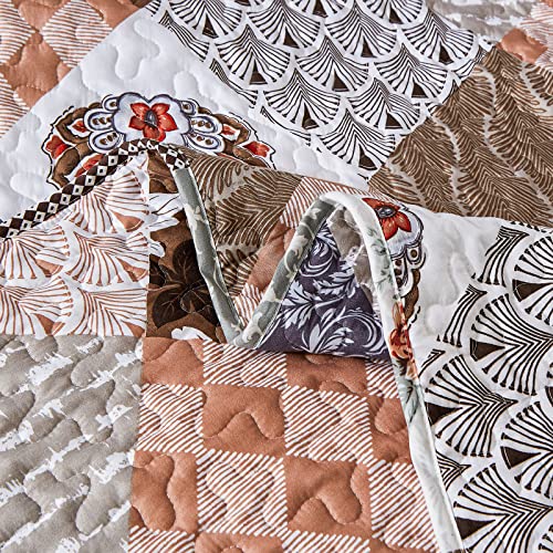 Luxudecor Brown Boho Quilt Set King Size 3 Pieces Floral Plaid Bedspread Coverlet Set For All Season Patchwork Reversible Bedding Quilt King 90"X104" #TOP3