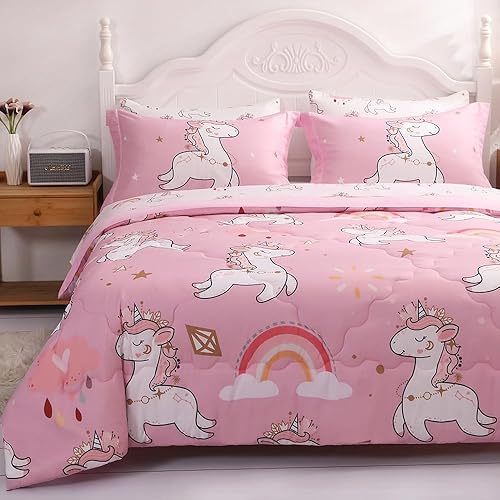 Wajade Juego de edredón de unicornio rosa para niños, cama en una bolsa, tamaño individual, 7 piezas, bonito juego de ropa de cama de unicornio y disponible en Yaxa Peru