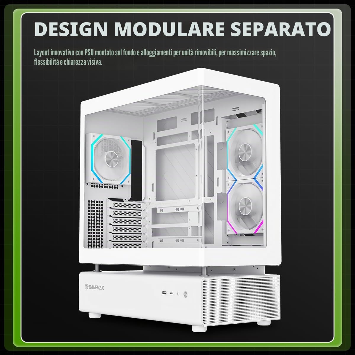 GAMEMAX N80 WH CASE PC ATX Mid Tower, Vetro Panoramico 270° Anteriore & Laterale, 6 Ventole ARGB PWM da 120mm Preinstallate, USB-C Gen2, Supporto BTF & GPU Verticale, Case PC Gaming (Bianco)