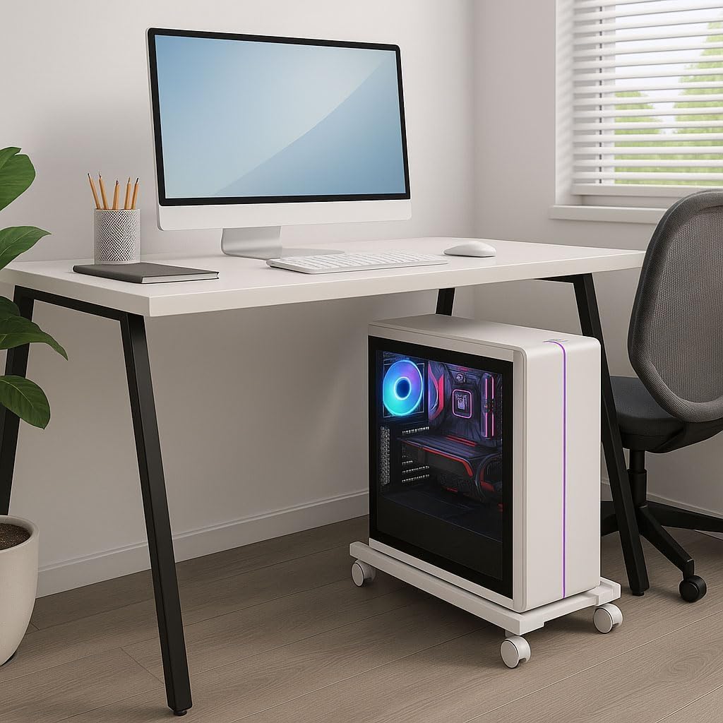 Soporte para Pc, Soporte para Pc Debajo del Escritorio, Soporte Universal Ajustable, Móvil,con 4 Ruedas-2 Ruedas Giratorias Bloqueables-Blanco Hueco