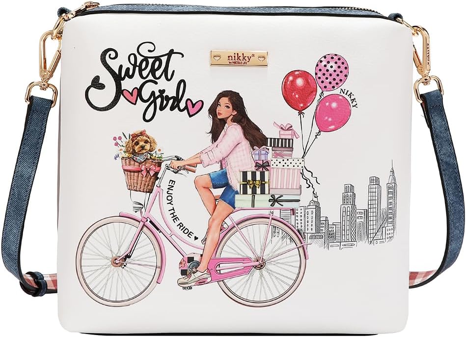 Nicole Lee Nikky 2 Piece Shoulder Bag, Sweet Girl Print, Magnetic Clasp, Adjustable Strap, with Matching Pouch (SWEET GIRL)