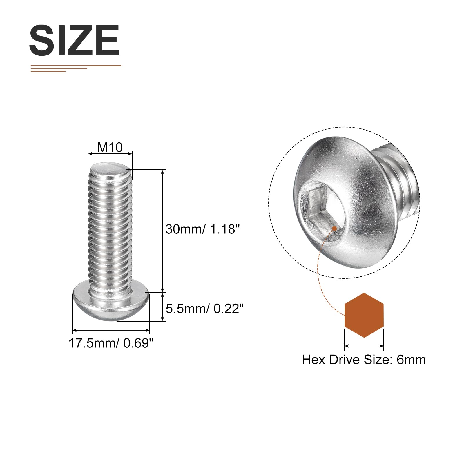DTGN M10-1.5x30mm Button Head Socket Cap Screws, 20Pack, Good for Machine, 304 Stainless Steel 18/8 - Image 2