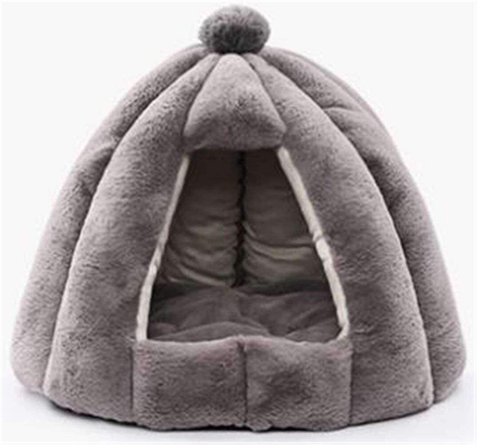 DHGTEP Fluffy Cat Igloo Cave - Hooded Heated Bed Basket With Removable Washable Cushions - Gray, 56x56x48cm