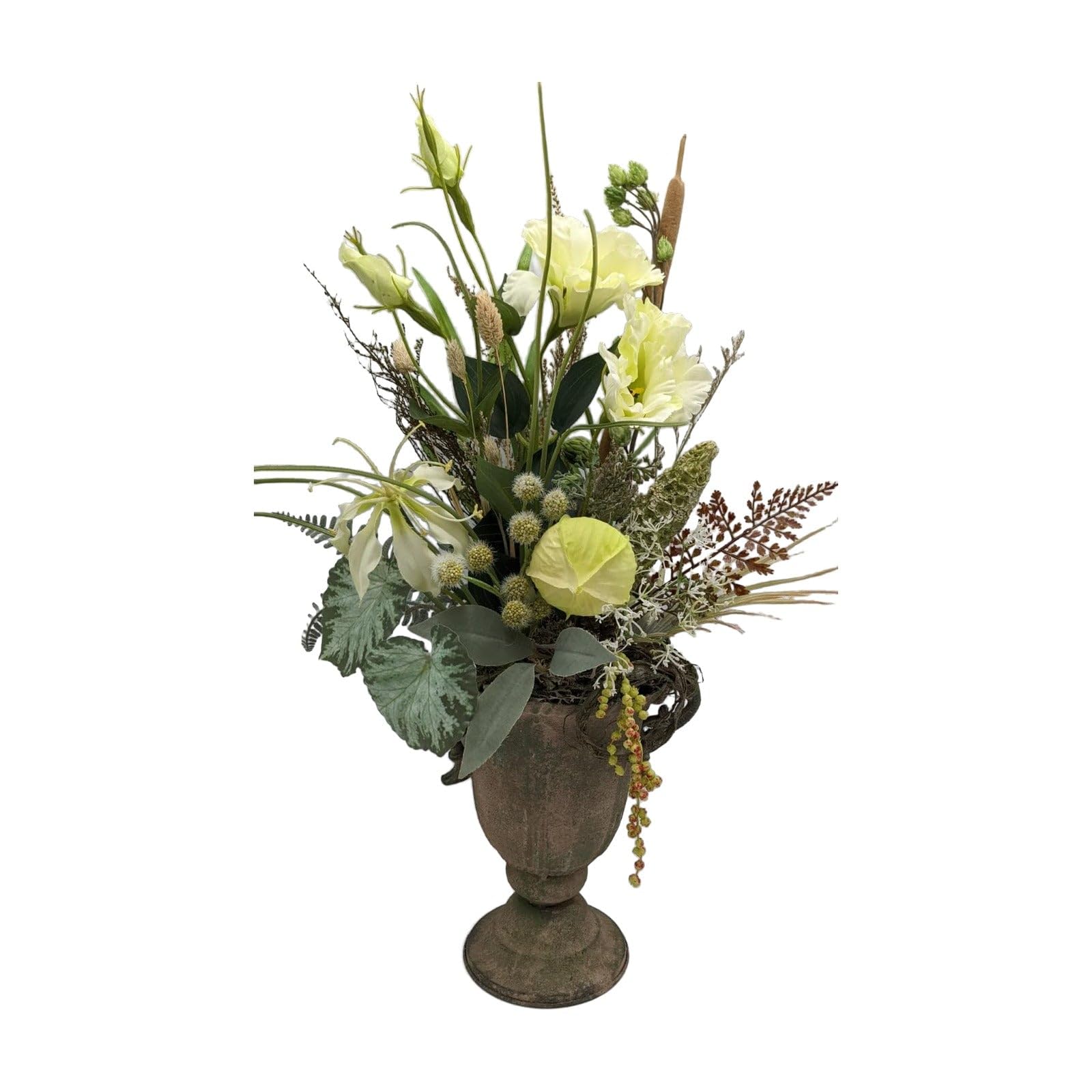 Herbstgesteck Herbstdeko Blüten Hopfen Farn Gräser gelb grün im Pokal