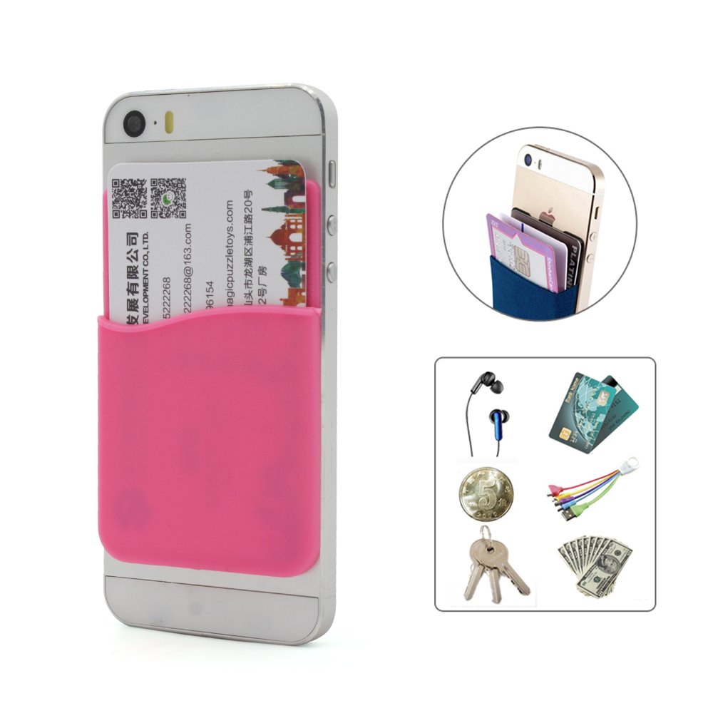 Silicone 3M adhesive Smart Card Pouch,Credit Card Holder Stick-On Wallet for all iPhone and Android Smartphones (PINK)