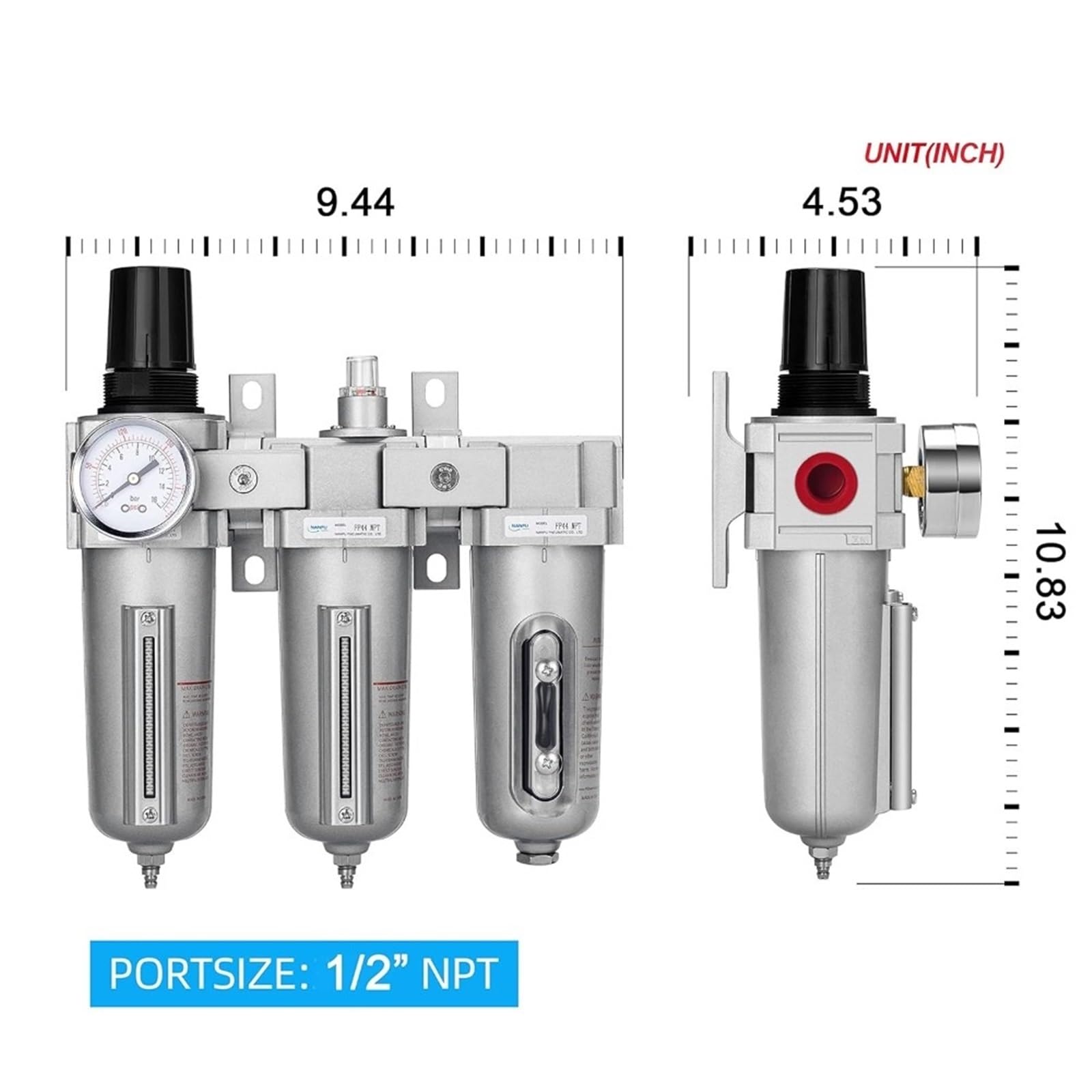1/2 NPT Przemysłowy 3-stopniowy system osuszania powietrza - filtr cząstek stałych, filtr koalescencyjny, osuszacz adsorpcyjny i regulator powietrza