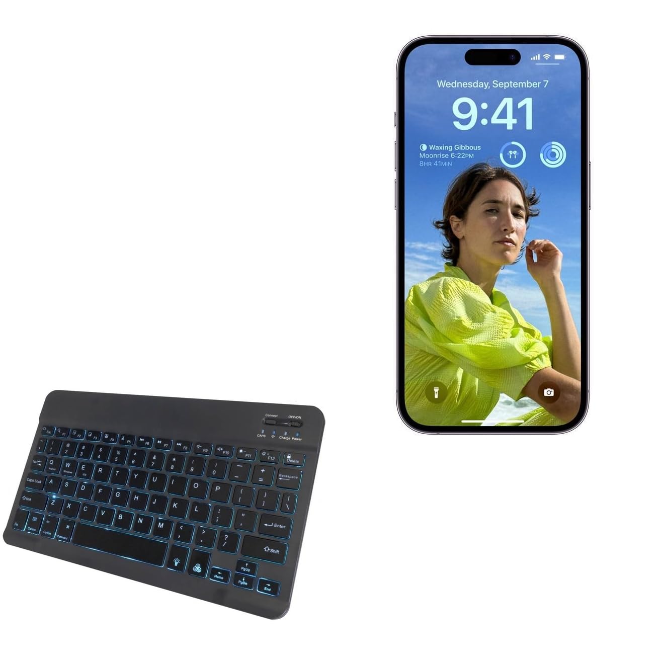 BoxWave Keyboard Compatible with Apple iPhone 16 - SlimKeys Bluetooth Keyboard - with Backlight, Portable Slim LED 7 Colors - Jet Black