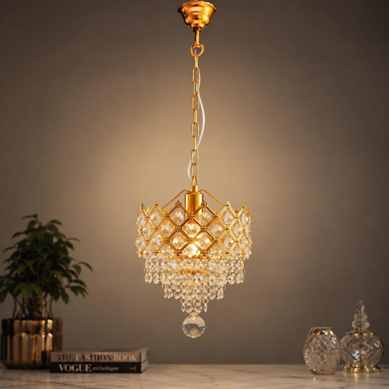 K C E Luxury Gold Crystal Chandelier Hanging Ceiling Light | Premium Metal Finish | E14 Bulb Compatible | Adjustable Hanging Chain | Living Room, Dining Room, Bedroom, Hotel & Hallway-image-42