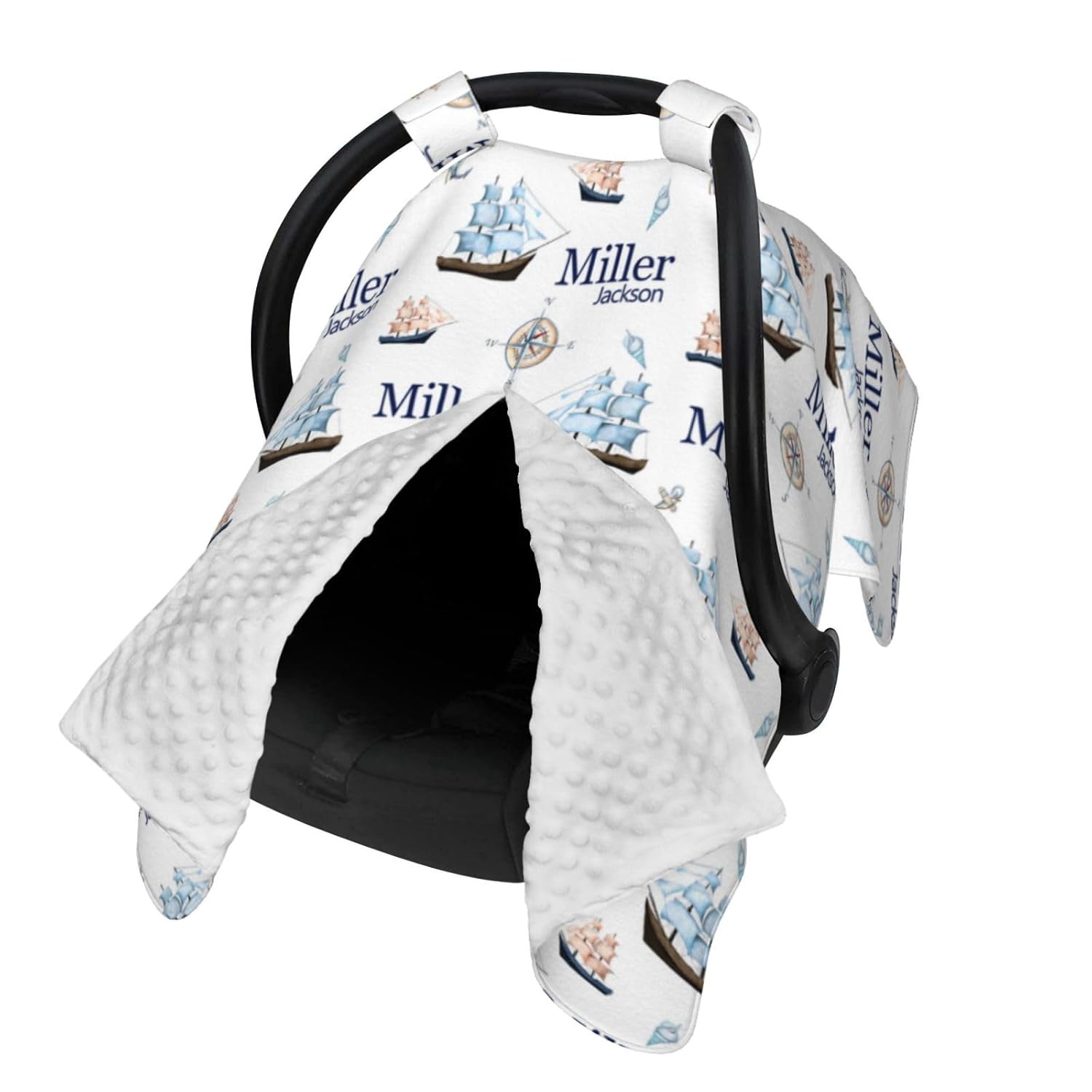 Personalized Baby Car Seat Canopy for Babies, Custom Name Baby Car Seats Covers for Boys, Opening Minky Nursing Breastfeeding Cover for Infant, Carseat Canopies for Newborn (Nautical Ship)