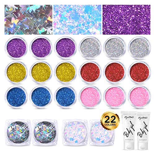 EYESEEK Holographic Body Glitter Powder Mix Total 160g 22Pack+ 2Pcs Body Glitter Glue Makeup Set Chunky Face Glitter Makeup Set Body,Nail Art,Hairs,Eye,Crafts Decorations