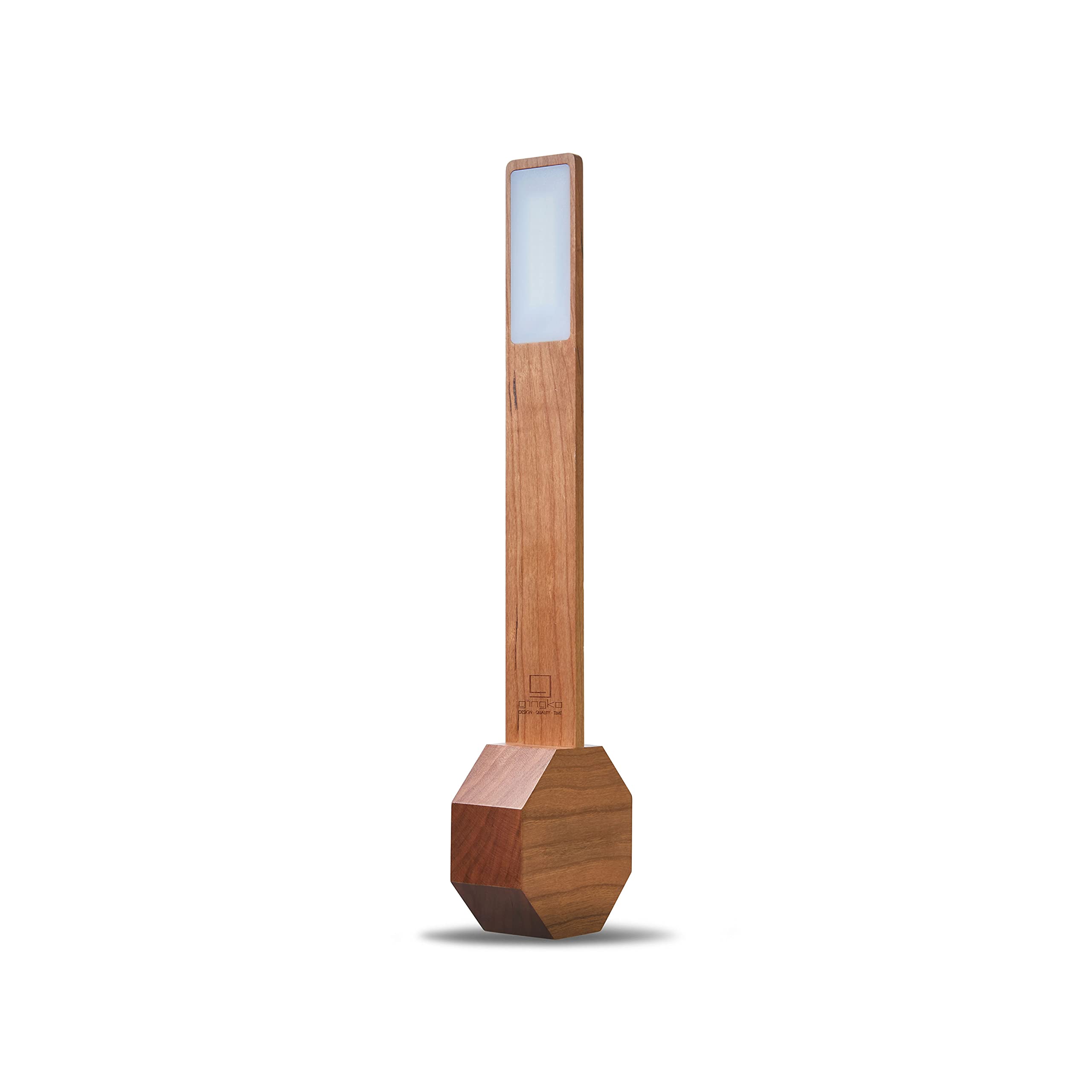 Gingko Octagon One Plus Wiederaufladbare LED Wecker Schreibtischleuchte aus nachhaltigem Naturholz, Kirsche