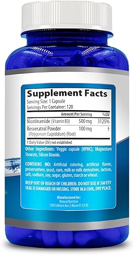 Miniatura 3 de Generic Vitamina natural nicotinamida con resveratrol 600 mg (vitamina B-3) 120 cápsulas vegetarianas sin gluten y sin OMG