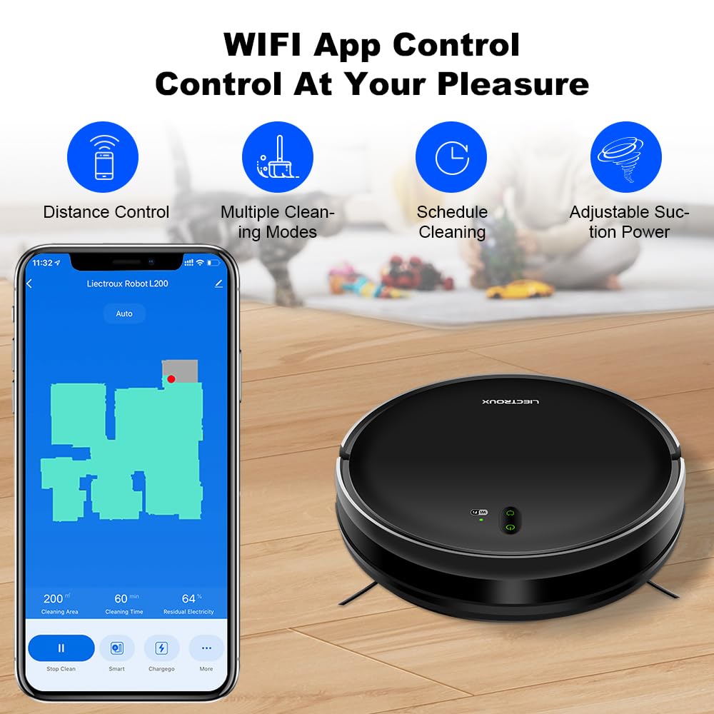 LIECTROUX L200 robot odkurzający, inteligentne mapowanie, aplikacja WiFi i sterowanie głosem, odkurzanie 4000 Pa, silnik bezszczotkowy, współpracuje z Alexa i Google Assistant, idealny do sierści