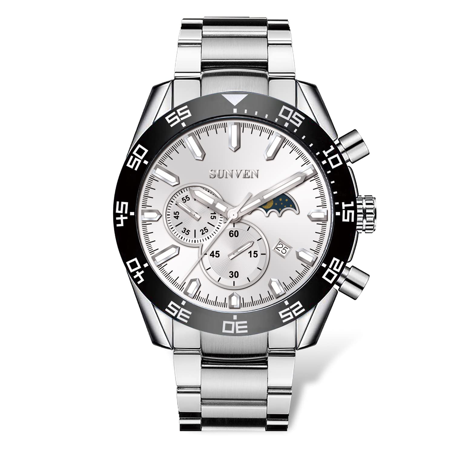 SUNVENWrist Watches for Men Moon Phase Chronograph Waterproof Quartz White Men's Wrist Watches Stainless Steel Band