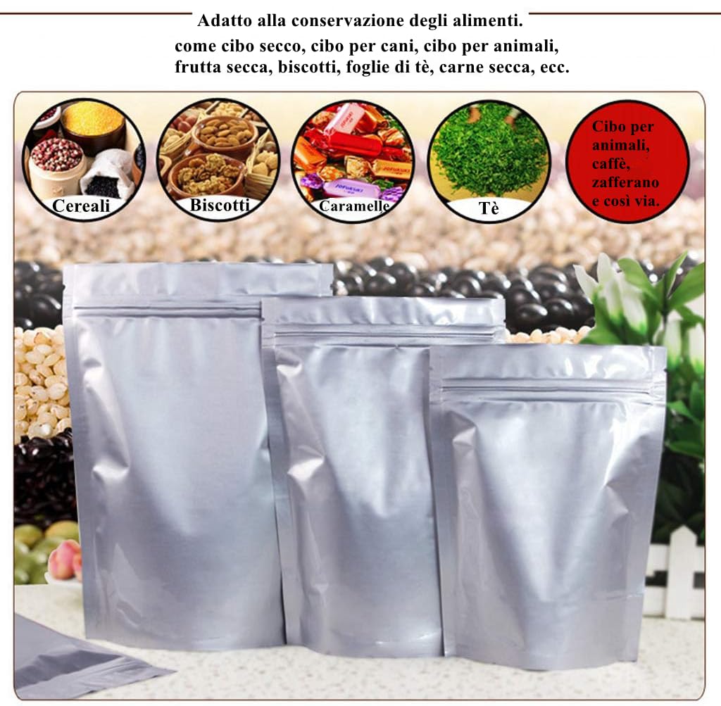 Sacchetto di Alluminio a Chiusura Lampo 105PCS, Sacchetti di Alimenti Richiudibili, 31cm*21cm Sacco in Argento per Alimenti, Caffè, Biscotti, Cibo per Animali