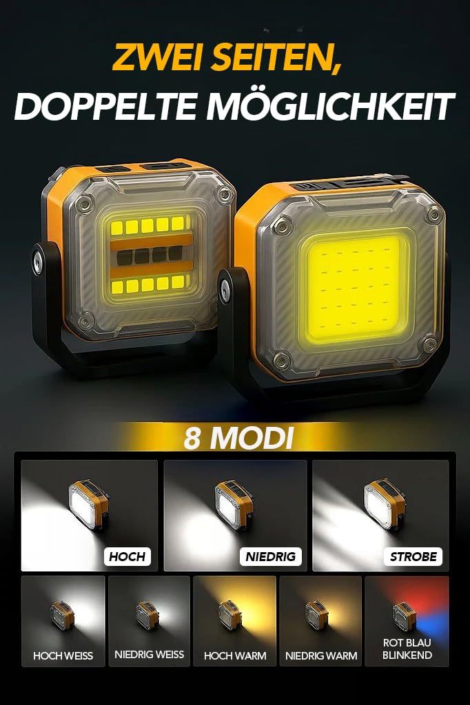 LED Mini Beidseitig Arbeitsleuchte 2 Pack, 1200 LM, 1500mAh | EDC Aufladbar Strahler, 8 Modi mit Rotes und blaues Licht, Magnet Baustrahler für Werkstatt Outdoor Garage