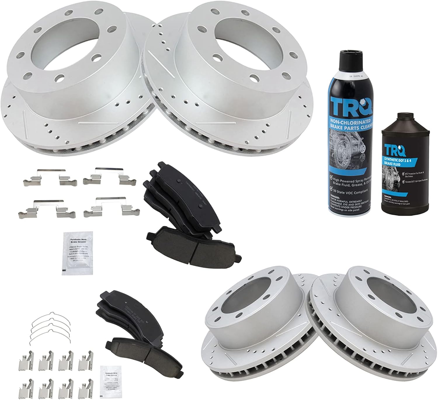 TRQ Front & Rear Brake Pad & Rotor Kit Premium G-Coated Slotted X Drilled Ceramic Compatible with 2000-2005 Ford Excursion 1999-2004 F-250 Super Duty F-350 Super Duty
