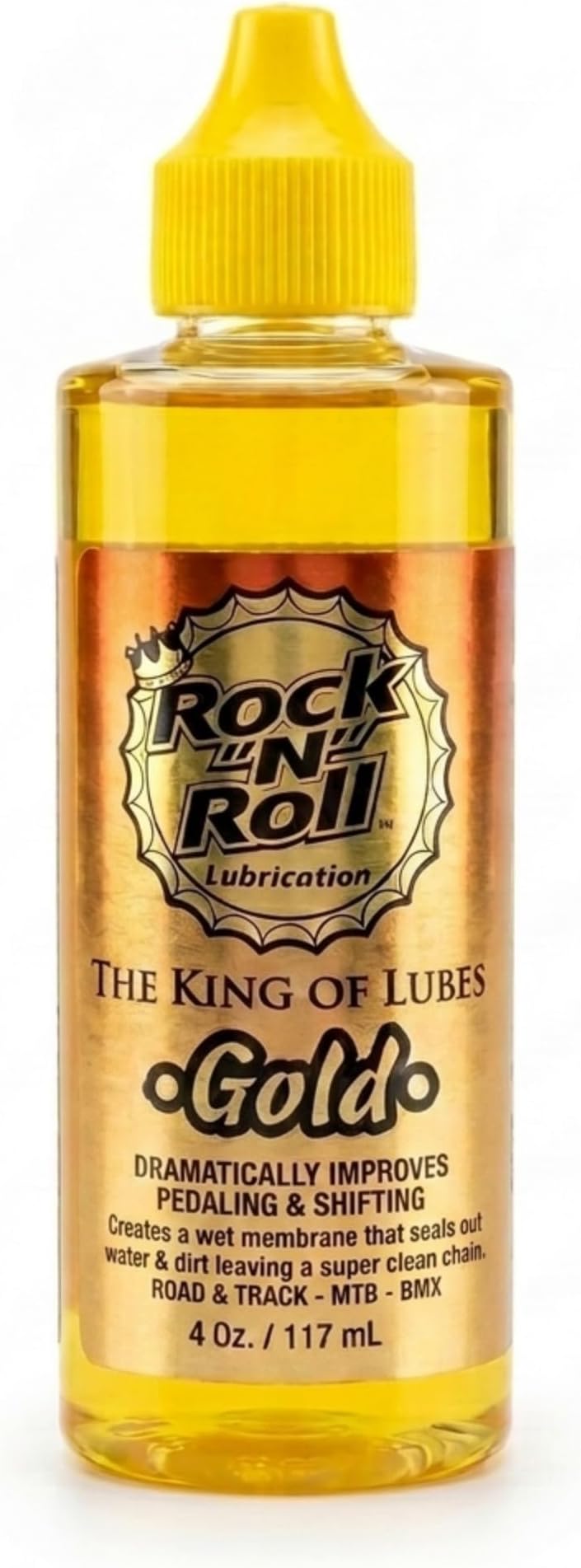 Rock N Roll Gold Bike Chain Lube 4oz, 2-in-1 Cleans & Lubricates, Quiet Smooth Shifting, Road and Track BMX & MTB