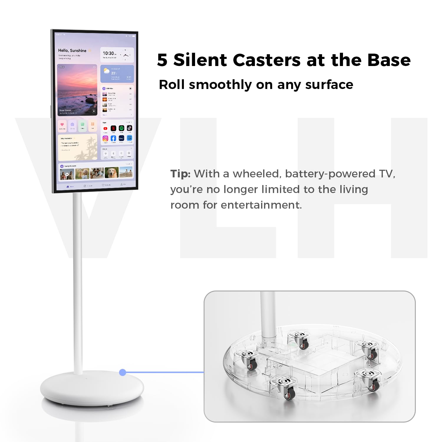 VLH 27″ FHD Touch Screen Rolling TV, Smart TV portatile su ruote, 6G+128GB, Batteria 27000mAh, Sistema operativo Android 15, Certificato EDLA, Tablet TV wireless con telecomando vocale, Fotocamera