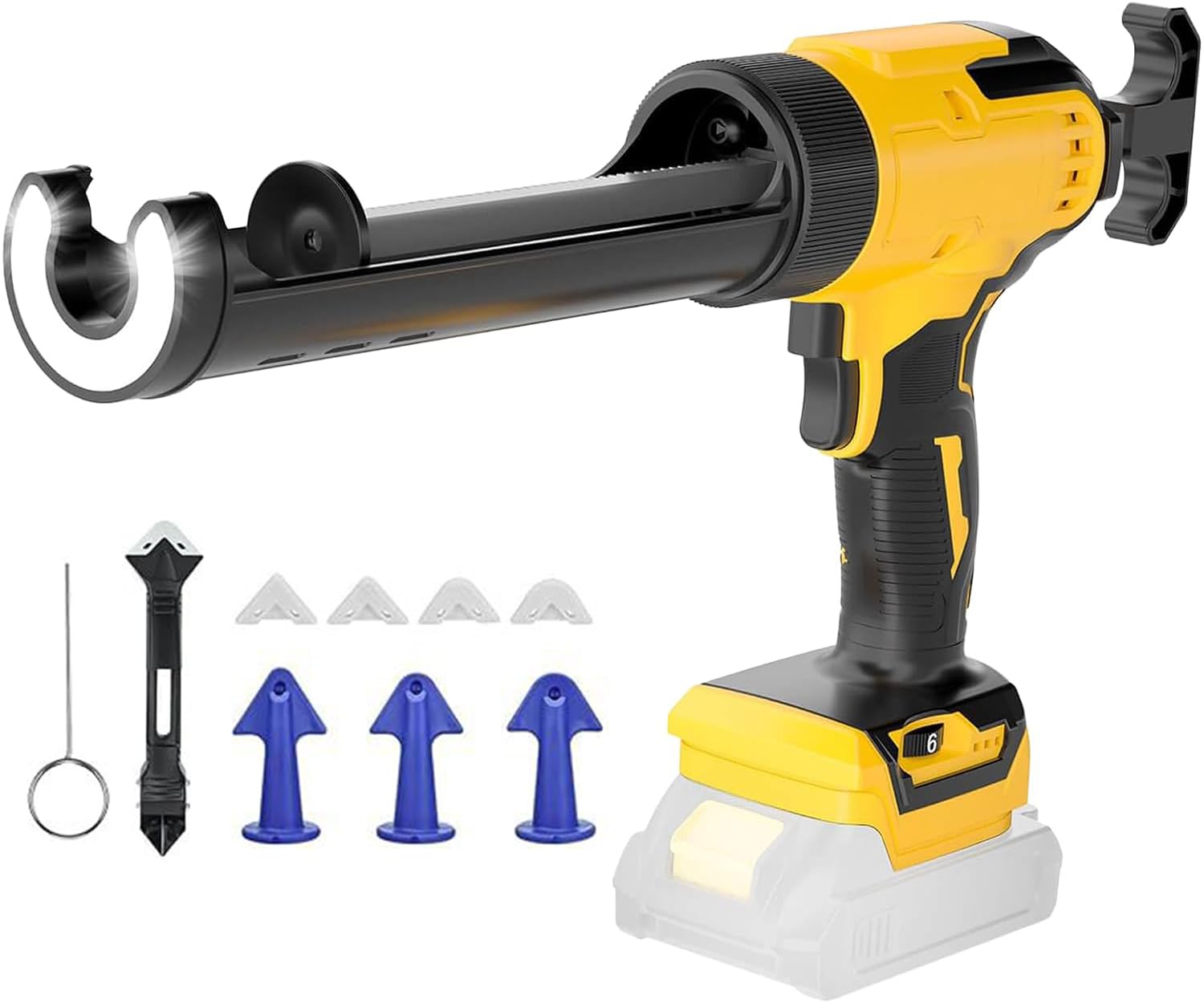 Presse à cartouche sans fil compatible avec batterie Dewalt 20V | Pistolet à cartouche électrique à 6 vitesses, Lumière LED, Seringue silicone, Cartouches 300 ml, 9 accessoires, Sans Batterie