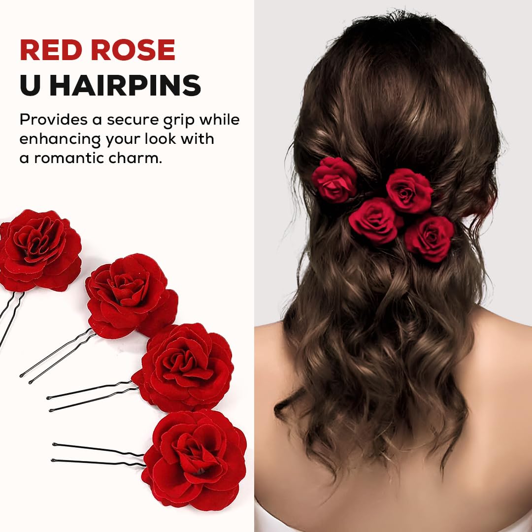 Multibrite Small Red Rose Hair Clip, Bobby Pins for Thick & Thin Hair, Artificial Flower Clips for Wedding, Party & Casual Days, Juda U Pins, Stylish Hair Accessories for Women's and Girls (2 Pcs) 2